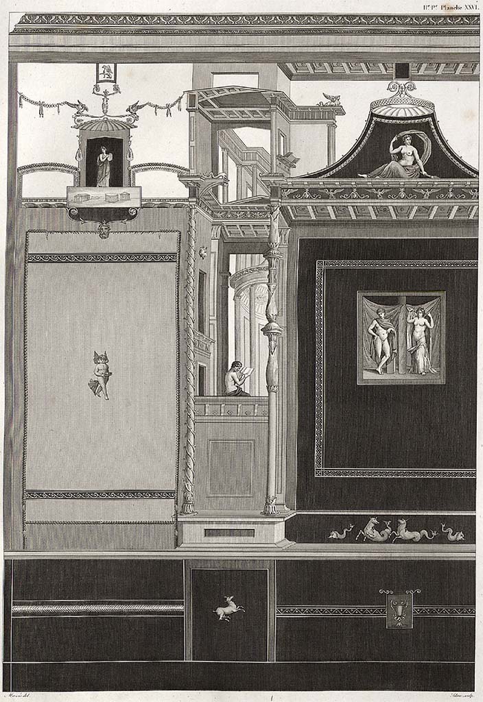 VI.2.16 Pompeii. Part of wall of room, by Mazois, and may be the north wall of the exedra/oecus on north side of peristyle.
See Mazois, F., 1824. Les Ruines de Pompei : Second Partie. Paris: Firmin Didot, pl. XXVI.