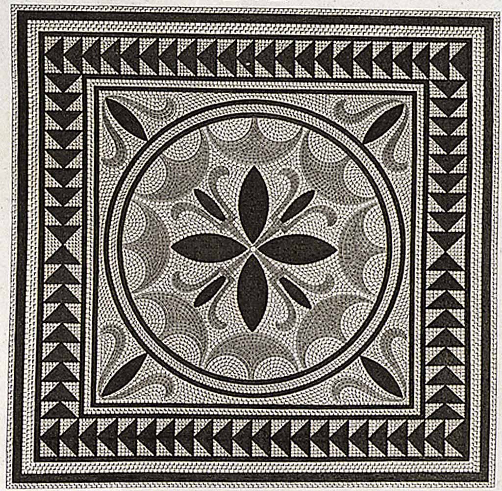 VI.2.17 or VI.2.16 Pompeii. 1824 engraving of mosaic emblema by Mazois.
According to Mazois –
this engraving represents a mosaic found in the triclinium of a house shown in Pl. XXI and XXII. (p.61).
Plates XXI and XXII are showing the Houses at VIII.2.1/3, known as the Houses of Championnet.
See Mazois, F., 1824. Les Ruines de Pompei : Second Partie. Paris: Firmin Didot, p.61, pl. XX fig II.
According to PPM –
VI.2.16 Tablinum. A small amount remains of the flooring in cocciopesto punctuated by white tesserae. 
At the centre of this room, according to Mazois, there was an emblema with a four-petalled rosette associated with four lotus buds. 
See Carratelli, G. P., 1990-2003. Pompei: Pitture e Mosaici. IV. Roma: Istituto della enciclopedia italiana, p. 209.