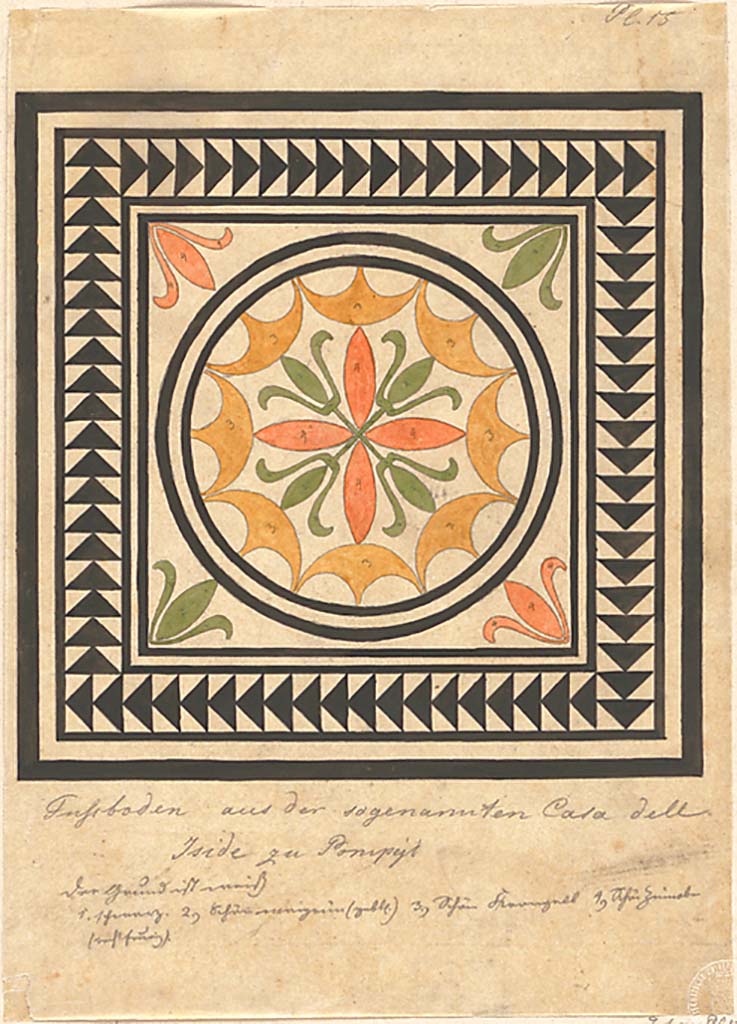 VI.2.17 Pompeii. 1834 painting by Ernst Zocher “Fußboden aus der sogenannten Casa dell’ Iside zu Pompeji".
This is the same mosaic as shown by Mazois and referred to by PPM as from VI.2.16. The name Casa dell'Iside would however seem to place it in VI.2.17.
Photo courtesy Foto Marburg © Architekturmuseum der TU München, Inventar-Nr. zoc-48-2, 913993, alte Inventar-Nr. 2.3.2. CC-BY-NC-ND