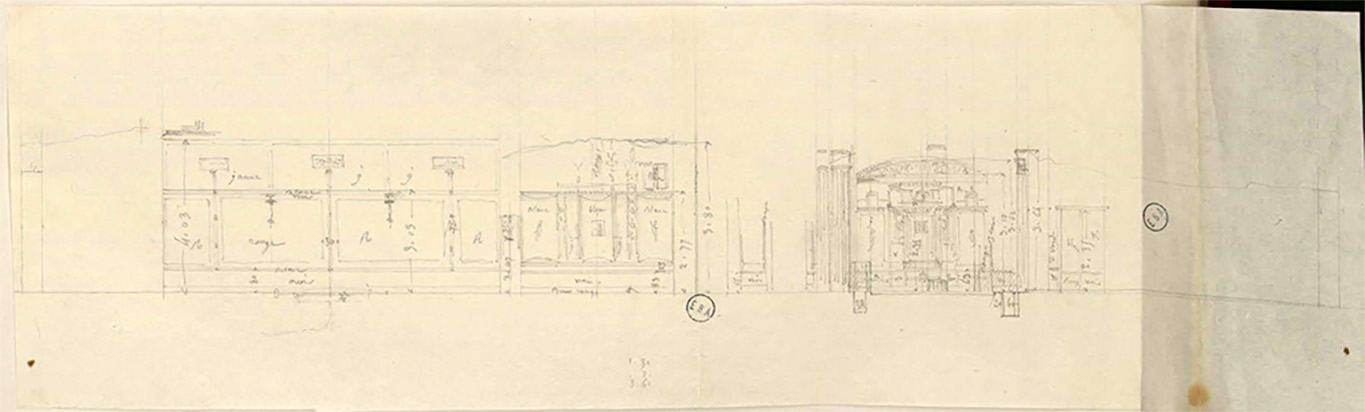 VI.2.22 Pompeii. Drawing by Jean-Baptiste Ciceron Lesueur showing the south wall of the house.
On the left would be the entrance and cubiculum, followed by detailed walls of the atrium, tablinum, east portico and peristyle, on right.
See Lesueur, Jean-Baptiste Ciceron. Voyage en Italie de Jean-Baptiste Ciceron Lesueur (1794-1883), pl. 11.
See Book on INHA reference INHA NUM PC 15469 (04)  « Licence Ouverte / Open Licence » Etalab