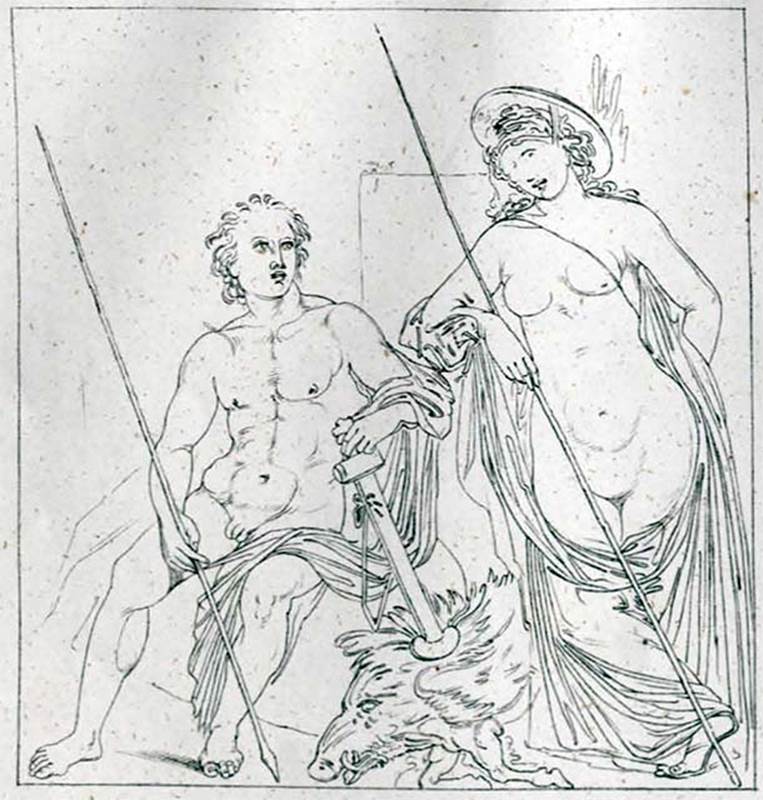 VI.2.22 Pompeii. 
1868 reproduction of the wall painting of Meleager and Atalanta which was found in the centre of the south wall of the tablinum.
See Helbig, W., 1868. Wandgemälde der vom Vesuv verschütteten Städte Campaniens. Leipzig: Breitkopf und Härtel, 1164, taf. XV.