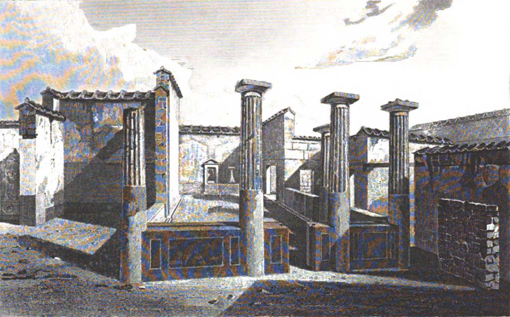 VI.2.22 Pompeii. c.1819 W. Gell, looking south towards aedicula lararium on south wall of peristyle.
(Note: on the sketch, he called this house “The House of the Surgical Instruments”.
See Gell, W. and Gandy, J., 1852. Pompeiana: Third Edition. London: Bohn, pl. XXV.