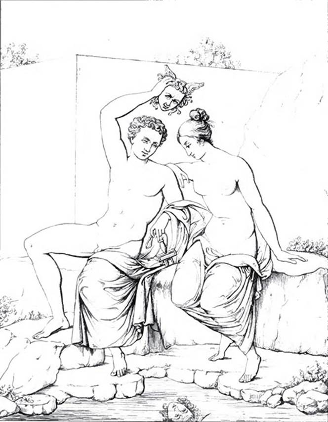 VI.2.22 Pompeii. 1840. Perseus showing Andromeda the head of Medusa reflected in water, from the triclinium on west side of peristyle.
See Roux, H., 1840. Herculanem et Pompei recueil general des Peintures, Bronzes, Mosaiques : Tome 3. Paris: Didot. (pl. 97)
See Helbig, W., 1868. Wandgemälde der vom Vesuv verschütteten Städte Campaniens. Leipzig: Breitkopf und Härtel. (1193).
See Breton, Ernest. 1870. Pompeia, Guide de visite a Pompei, 3rd ed. Paris, Guerin.