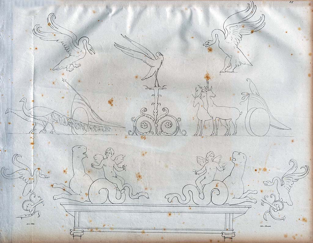 VI.2.22 Pompeii. Casa dell’Danzatrice or else Casa dell’Iside. Pre-1828.
According to Zahn, the Ibis, in the middle of the page, was seen in the Casa dell’Iside, on upper west wall of triclinium. 
This would appear to look like an identical Ibis from the west wall (see above) of the triclinium of Casa dell’Danzatrice, so we have included it here.
The two chariots were drawn from the fullonica, behind the House of the Tragic Poet, VI.8.20/21, from an excavation made in summer of 1826.
The two swans are from the House of the Tragic Poet.
The architectural decorations, lower, were drawn in the Naples Museum.
See Zahn, W., 1828. Die schönsten Ornamente und merkwürdigsten Gemälde aus Pompeji, Herkulanum und Stabiae: I. Berlin: Reimer, taf. 61.