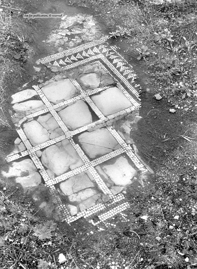 VI.2.22 Pompeii. c.1930. Central emblema of flooring from an unknown room, perhaps triclinium or tablinum.
DAIR 41.730. Photo © Deutsches Archäologisches Institut, Abteilung Rom, Arkiv.
See Pernice, E.  1938. Pavimente und Figürliche Mosaiken: Die Hellenistische Kunst in Pompeji, Band VI. Berlin: de Gruyter, (tav. 39.5 above.)