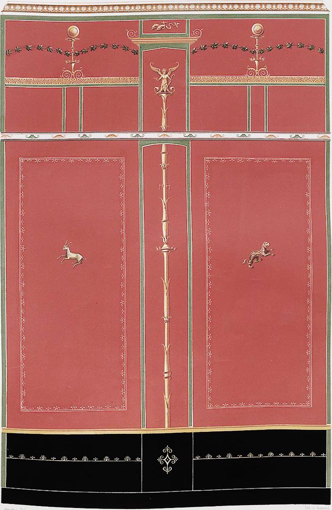 VI.2.22 Pompeii. 1852 painting of cubiculum, west (or short) wall.
See Zahn, W., 1852. Die schönsten Ornamente und merkwürdigsten Gemälde aus Pompeji, Herkulanum und Stabiae: III. Berlin: Reimer. Taf. 19.
See Carratelli, G. P., 1990-2003. Pompei: Pitture e Mosaici Vol. IV.  Roma: Istituto della enciclopedia italiana, p. 248.