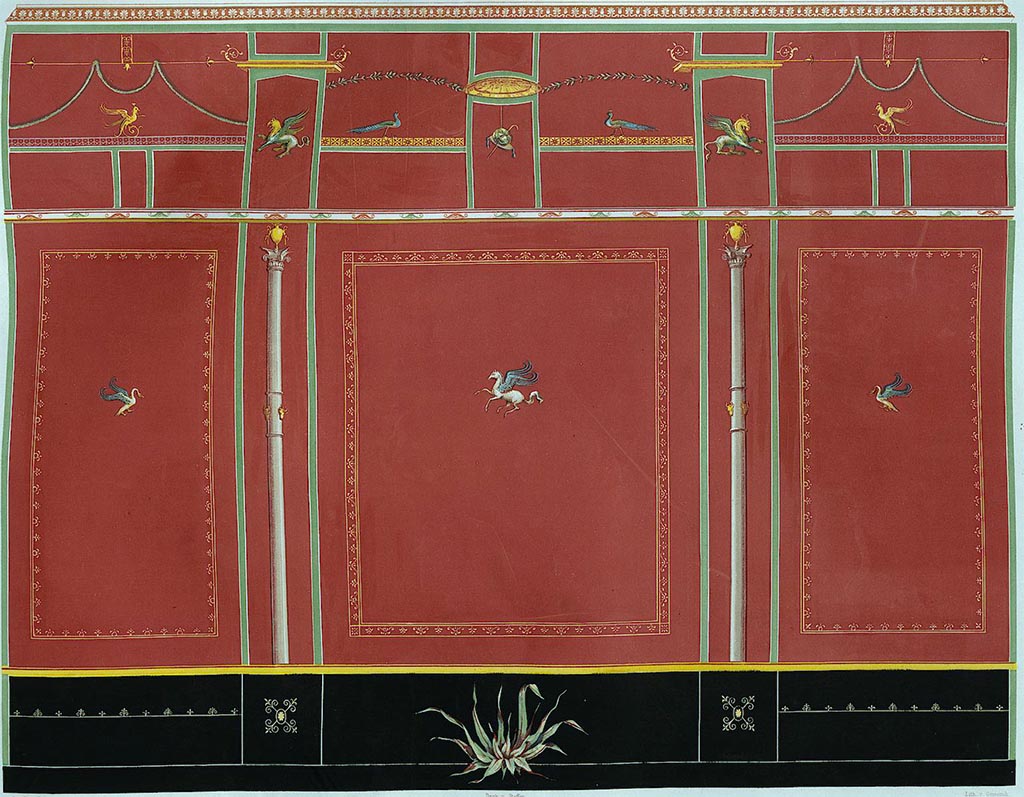 VI.2.22 Pompeii. Cubiculum, pre-1849 painting by Zahn relative to both the north and south walls of the cubiculum.
See Zahn, W., 1852. Die schönsten Ornamente und merkwürdigsten Gemälde aus Pompeji, Herkulanum und Stabiae: III. Berlin: Reimer. Taf. 18.
See Carratelli, G. P., 1990-2003. Pompei: Pitture e Mosaici Vol. IV.  Roma: Istituto della enciclopedia italiana, p. 248.