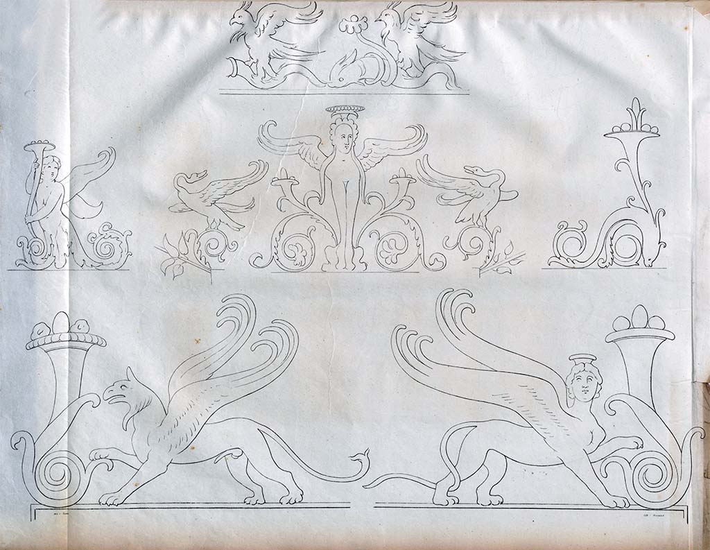 VI.2.22 Pompeii. Pre-1828. 
Drawings by Zahn, the griffin and the sphynx were from House of the Danzatrici and were painted in gold on a darkened red background. We do not known from where in the House.
The decorations in the middle are from the House of the Tragic Poet, and some from the House of the Naviglio. 
The decoration at the top was found near the Pantheon.
See Zahn, W., 1828-29. Die schönsten Ornamente und merkwürdigsten Gemälde aus Pompeji, Herkulanum und Stabiae: I. Berlin: Reimer, taf. 73.