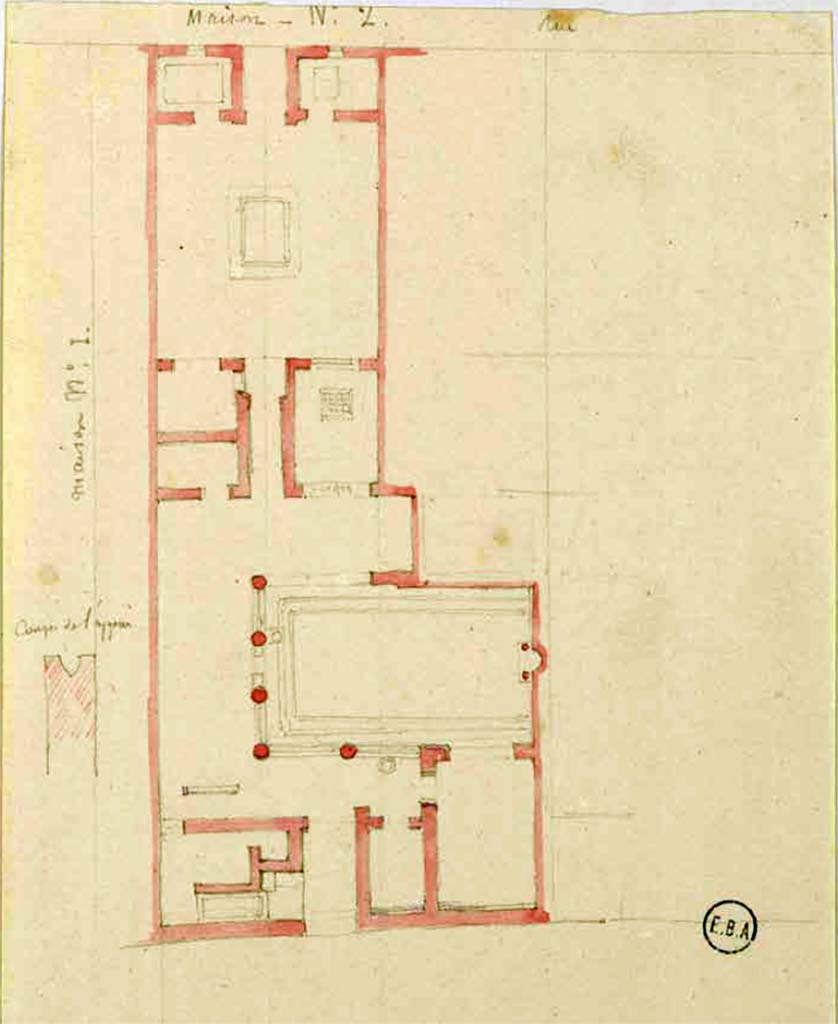 VI.2.22 Pompeii. Sketch of plan, with main entrance at VI.2.22 at top, and rear entrance at VI.2.15, lower side.
See Lesueur, Jean-Baptiste Ciceron. Voyage en Italie de Jean-Baptiste Ciceron Lesueur (1794-1883), pl. 22.
See Book on INHA reference INHA NUM PC 15469 (04)  « Licence Ouverte / Open Licence » Etalab