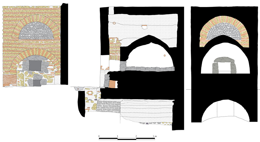 Fig. 5 - Pompéi Pistrina. Le four de la boulangerie VI 3, 3.27-28. 
Façade, coupes longitudinale et transversale.
Relevé : S. Zanella, R. Macario ; DAO : N. Monteix, R. Macario ; échelle : 1/50.