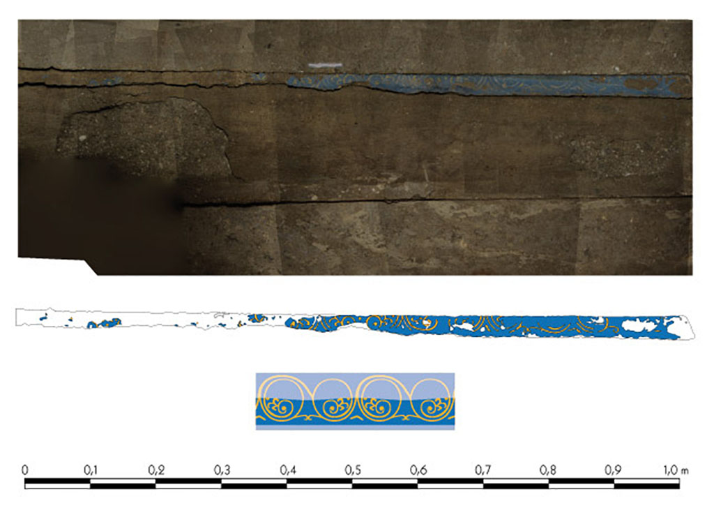 Fig. 7 - Pompéi Pistrina. Empreinte de la décoration d’un probable encadrement de porte, découvert dans la cave sous-jacente au four de la boulangerie VI 3, 3.27-28. 
De haut en bas : photogrammétrie tridimensionnelle ; interprétation de la photogrammétrie ; hypothèse de restitution du rinceau d’acanthe. Les zones plus claires sont intégralement restituées, le dessin des autres est fondé sur les vestiges de décoration observés.
N. Dell’Unto / Lund University ; DAO N. Monteix.