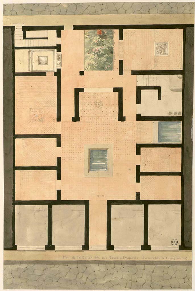 VI.3.7 Pompeii. Plan of House, with lower entrance doorway onto Via Consolare.
At the top of the plan, the doorway on the left is from VI.3.26 (to stairs) and from centre left, at VI.3.25.
The plan also shows mosaic floor patterns.
See Lesueur, Jean-Baptiste Ciceron. Voyage en Italie de Jean-Baptiste Ciceron Lesueur (1794-1883), pl. 4.
See Book on INHA reference INHA NUM PC 15469 (04)  « Licence Ouverte / Open Licence » Etalab