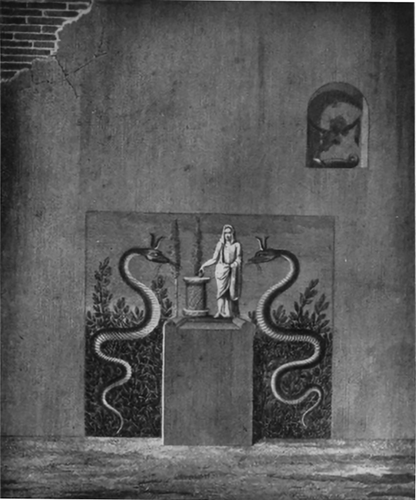 VI.3.7 Pompeii. Remains of masonry altar and niche in the garden area. 
Boyce (Plate 12. 4) describes this "as it appeared shortly after discovery in 1810" From Mazois II pl. 24, 2. 
According to Boyce, the niche was undecorated, but the altar was coated with red stucco. 
Behind the altar was a rectangle of white stucco, which served as a background for the Lararium painting.
Boyce makes the comment that there is a remarkable similarity between this, as reproduced by Mazois, and his painting of the shrine in the Temple of Isis, without the niche, in Vol. IV, pl.11, 5 of the same work.
See Boyce G. K., 1937. Corpus of the Lararia of Pompeii. Rome: MAAR 14. (p.45, and pl.12,2 and 4) 
See Giacobello, F., 2008. Larari Pompeiani: Iconografia e culto dei Lari in ambito domestico. Milano: LED Edizioni. (p.172).