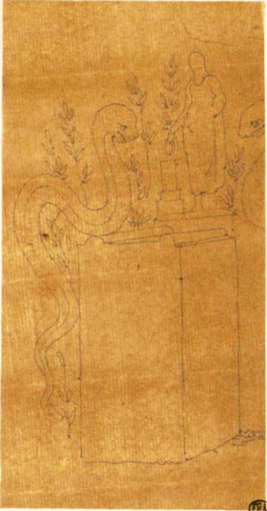 VI.3.7 Pompeii. Undated drawing of a painted altar.
See Debret F. (1777-1850), Piranesi F. (1758-1810), LaBrouste H. (1801-1875). Voyage en Italie-De Naples à Paestum, pl. 134.
INHA Identifiant numérique : NUM PC 77832 (07). See book on INHA Les documents sont placés sous « Licence Ouverte / Open Licence » Etalab