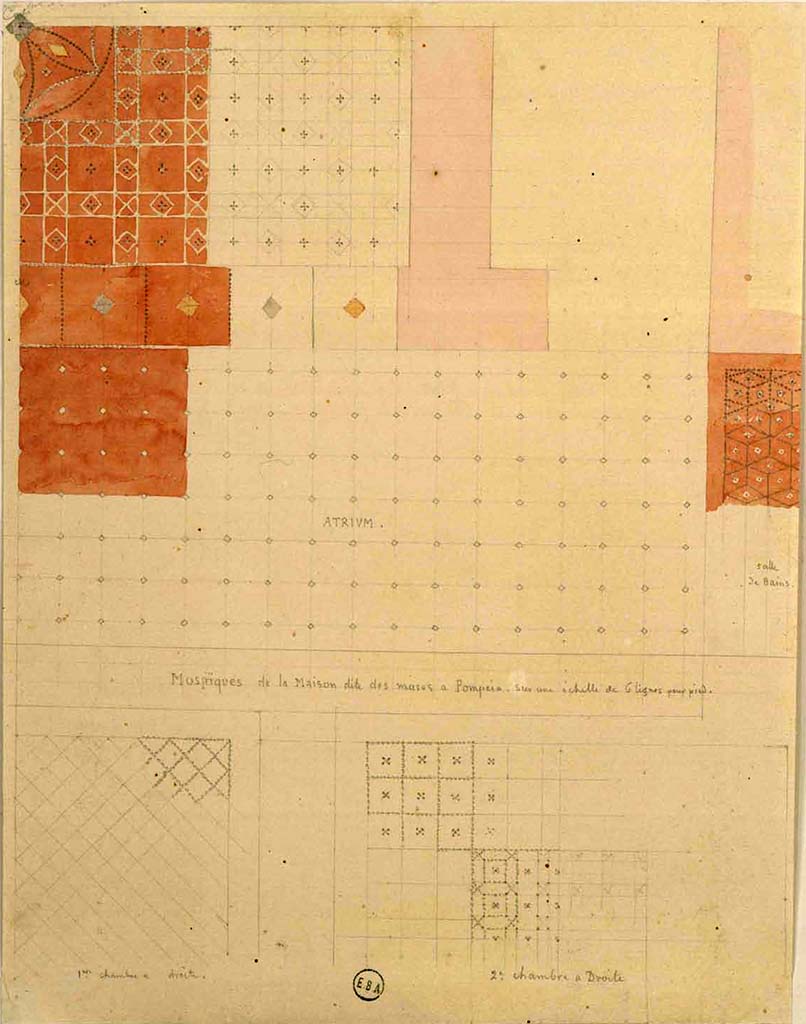 VI.3.7 Pompeii. Painting of mosaic floors. "Mosaïques de la Maison dites des muses a Pompei".
Upper left, part of mosaic in tablinum.
Centre, atrium flooring.
Lower left, 1st room on right       Lower right, 2nd room on right
See Lesueur, Jean-Baptiste Ciceron. Voyage en Italie de Jean-Baptiste Ciceron Lesueur (1794-1883), pl. 5.
See Book on INHA reference INHA NUM PC 15469 (04)  « Licence Ouverte / Open Licence » Etalab