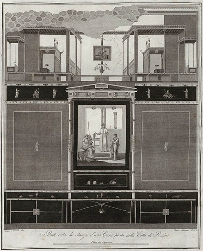 VI.3.7 Pompeii. 1838 painting of the south wall of triclinium. 
In the centre panel is the painting of Cassandra prophesising the destruction of Troy.
To the left is seated Hecuba, the wife of King Priam of Troy, with the little Paris clinging to her and the adult Hector to the right.
See Gli ornati delle pareti ed i pavimenti delle stanze dell'antica Pompei incisi in rame: 1838, pl. 66.