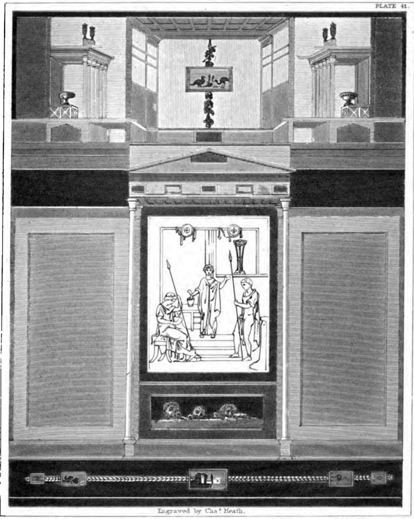 VI.3.7 Pompeii. Painting by William Gell of the south wall of triclinium/oecus.
The central painting is of Hecuba, Paris and Hector with Cassandra prophesising the destruction of Troy. 
See Gell, W. and Gandy, J., 1852. Pompeiana: Third Edition. London: Bohn, pl. 41.