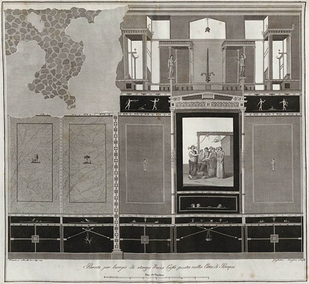 VI.3.7 Pompeii. 1838 painting of east wall of triclinium with painting of Dido weeping, in centre panel. See Gli ornati delle pareti ed i pavimenti delle stanze dell'antica Pompei incisi in rame: 1838, pl. 64.
According to PPM, the zoccolo of both the anteroom and room was black, with alternating panels of geometric elements and crossed thyrsi, from which dangled musical instruments, and a plate with fruit; in the frieze above the zoccolo there were birds and vases/pots.
In the middle of the wall, the panels in the anteroom (on the left above) were yellow featuring small vignettes of sacred subjects; the side wall panels in the main triclinium were red with small figures in the centre, surmounted by a frieze with figures (perhaps cupids); 
the painting of abandoned Dido was enclosed in a central aedicula. At the top of the wall, two caryatids are shown above the aedicula in the architectural painting.
See Carratelli, G. P., 1990-2003. Pompei: Pitture e Mosaici.  Roma: Istituto della enciclopedia italiana. Vol, IV, page 285