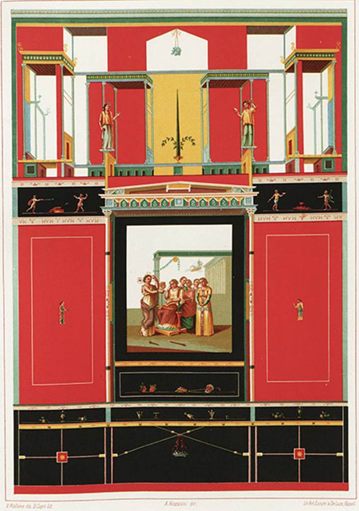 VI.3.7 Pompeii. 1890 painting of part of east wall of triclinium. 
In the centre panel is the painting of Dido weeping at the departure of Aeneas. 
At the front is the personification of Africa, recognisable by the elephantine features covering her head.
In the background is the ship in which Aeneas is leaving.
See Niccolini F, 1890. Le case ed i monumenti di Pompei: Volume Terzo. Napoli, L’Arte in Pompei, pl. 33.