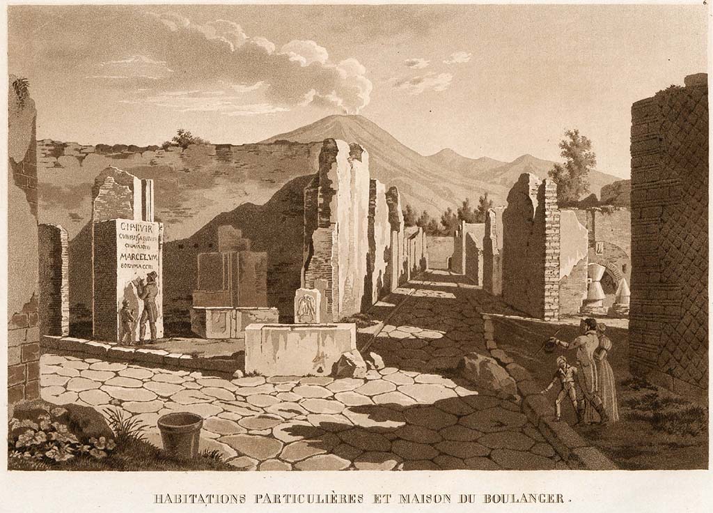 VI.3.20 Pompeii. Pre-1824. 
Painting by J. W. Huber, looking north to bar at junction of Via Consolare with Vicolo di Modesto. On the right is the bakery at VI.6.17.
See Huber, J. W., 1824. Vues pittoresques des ruines les plus remarquables de l’ancienne ville de Pompei, Livraison II. Zurich : Huber and Fuessli, pl. 6.