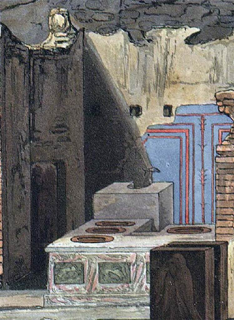 VI.3.20 Pompeii. 1819 painting, detail of bar counter, hearth and rear wall.
See Cooke, Cockburn and Donaldson, 1827. Pompeii Illustrated: Vol. II. London: Cooke, p. 32. According to Dyer:
“At the angle of two streets, just behind the fountain, was a small shop, called by some a thermopolium, or shop for the sale of hot drinks.
The walls were gaudily painted in blue panels with red borders, and towards the street was a counter cased with marble.
The stains left on these counters, apparently by wet drinking-glasses, have led to the identification, or supposed identification, of several such shops.”
See Dyer, T., 1867. The Ruins of Pompeii. London: Bell and Daldy.  (p.49)