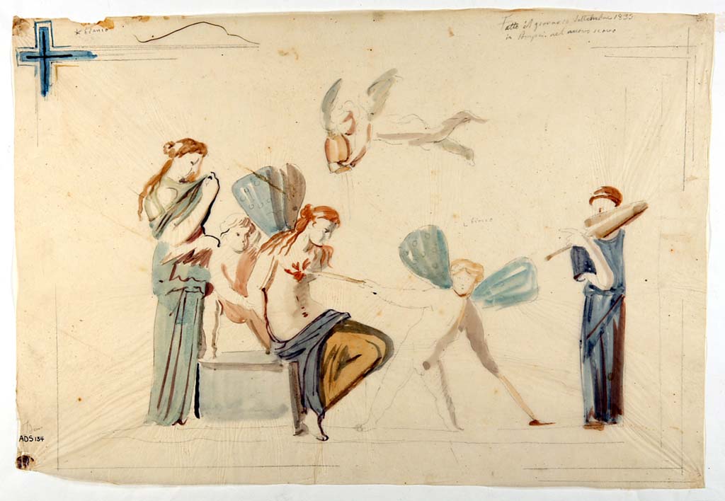 VI.5.1 and VI.5.2 Pompeii. Painting made by Giuseppe Marsigli, 10th September 1835 showing the torture of Psyche. 
According to Helbig, this painting had been destroyed, (see Helbig 854) but now in Oxford Ashmolean Museum.
Now in Naples Archaeological Museum. Inventory number ADS 134.
Photo © ICCD. http://www.catalogo.beniculturali.it
Utilizzabili alle condizioni della licenza Attribuzione - Non commerciale - Condividi allo stesso modo 2.5 Italia (CC BY-NC-SA 2.5 IT)
