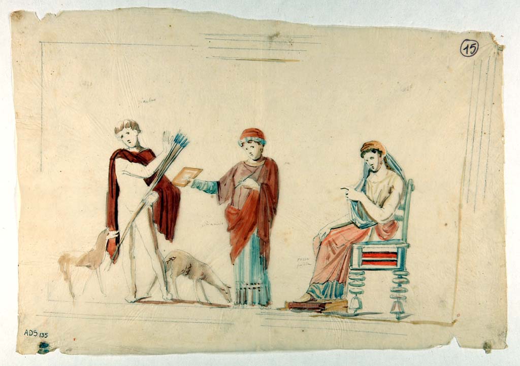 VI.5.1 and VI.5.2 Pompeii. Painting made by Giuseppe Marsigli, in pencil/crayon/chalk with watercolours, showing Phaedra, Hippolytus and the nurse. 
Now in Naples Archaeological Museum. Inventory number ADS 135.
Photo © ICCD. http://www.catalogo.beniculturali.it
Utilizzabili alle condizioni della licenza Attribuzione - Non commerciale - Condividi allo stesso modo 2.5 Italia (CC BY-NC-SA 2.5 IT)
This painting was also listed as destroyed by Helbig, See Helbig 1246, but is now in the British Museum.
See Carratelli, G. P., 2003. Pompei: La documentazione nell'Opera di disegnatori e pittori dei secoli XVIII e XIX. Roma: Istituto della enciclopedia italiana, p. 227-8 no. 124.
The British Museum web site describes a painting which corresponds in its description but is without a photo as yet. BM Registration number 1857,0415.4.
Sir William Temple, British minister in Naples, bequeathed a major collection to the Museum in 1856 of which it was a part.