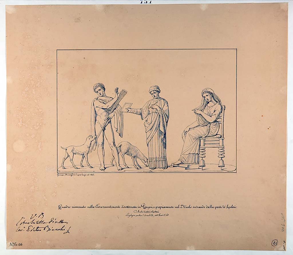 VI.5.1 and VI.5.2 Pompeii. Pen and ink drawing by Giuseppe Marsigli, 1835, of the above painting showing Phaedra, Hippolytus and the nurse. 
Now in Naples Archaeological Museum. Inventory number ADS 136.
Photo © ICCD. http://www.catalogo.beniculturali.it
Utilizzabili alle condizioni della licenza Attribuzione - Non commerciale - Condividi allo stesso modo 2.5 Italia (CC BY-NC-SA 2.5 IT)
