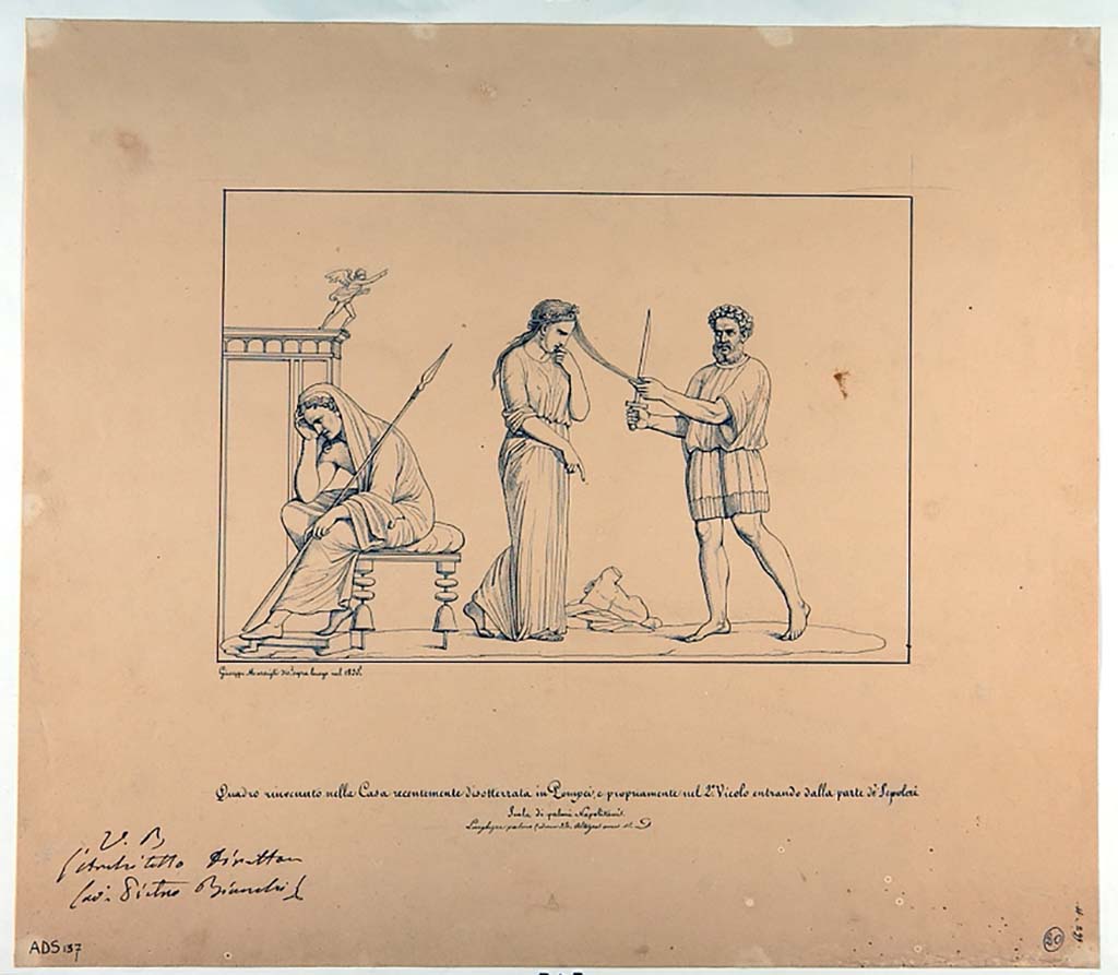 VI.5.1 and VI.5.2 Pompeii. Pen and ink drawing by Giuseppe Marsigli, 1835, of the painting showing sacrifice of Iphigenia. 
Now in Naples Archaeological Museum. Inventory number ADS 137.
Photo © ICCD. http://www.catalogo.beniculturali.it
Utilizzabili alle condizioni della licenza Attribuzione - Non commerciale - Condividi allo stesso modo 2.5 Italia (CC BY-NC-SA 2.5 IT)
Helbig describes the painting as:
“In the middle stands Iphigenia, laurel-wreathed, in green chiton with a purple margin, with her left hand raised to the mouth, it seems resigned in her fate, in front of her the bearded, laurel wreathed Calchas in red chiton with blue lining, in act of starting the sacrifice, cutting off a lock of the maiden’s hair with the sword.
Behind Iphigenia sits Agamemnon on a chair, bent forward, sunk in deep sorrow, beardless, wrapped in a cloak drawn over the back of the head, in the left hand a spear, supporting the head with the right hand. Next to him is a temple-like building, on which stands a winged statue with flying chlamys.”
See Helbig, W., 1868. Wandgemälde der vom Vesuv verschütteten Städte Campaniens. Leipzig: Breitkopf und Härtel, 1305.