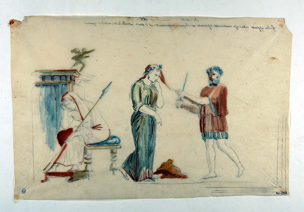 VI.5.1 and VI.5.2 Pompeii. Painting made by Giuseppe Marsigli in pencil/crayon/chalk with watercolours, showing sacrifice of Iphigenia. 
This painting is shown reversed from that on the ICCD site and we show it as it is in Disegnatori which has the note “montata a rovescio” (mounted backward) and with the writing “sul rovescio del foglio” (on the reverse of the sheet). ADS 137 and ADS 138 are both dated 1935 and described as a house recently uncovered “propriamente nel secondo Vicolo entrando dalla parte dei Sepolcri”. They would therefore indicate the same house and the same painting.
See Carratelli, G. P., 2003. Pompei: La documentazione nell'Opera di disegnatori e pittori dei secoli XVIII e XIX. Roma: Istituto della enciclopedia italiana, p. 227 no. 126.
Now in Naples Archaeological Museum. Inventory number ADS 138.
Photo © ICCD. http://www.catalogo.beniculturali.it
Utilizzabili alle condizioni della licenza Attribuzione - Non commerciale - Condividi allo stesso modo 2.5 Italia (CC BY-NC-SA 2.5 IT)
The original painting is also now in the Naples Archaeological Museum.