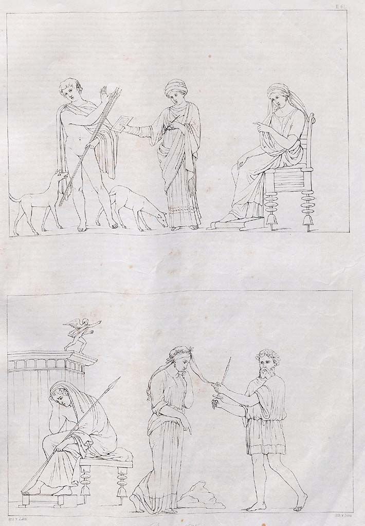 VI.5.1 and VI.5.2 Pompeii. 
Two drawings by Zahn, July 1835, of the paintings showing Phaedra, Hippolytus and the nurse and the sacrifice of Iphigenia. 
Three paintings (two above and one below) were discovered in a room of a small house very close to the city wall, in the vicolo which was to the left of the House of Pansa, between the House of Sallust and the House of Modesto which leads to this city wall. According to Zahn they were in the Royal Museum at Naples.
See Zahn, W., 1842. Die schönsten Ornamente und merkwürdigsten Gemälde aus Pompeji, Herkulanum und Stabiae: II. Berlin: Reimer, Taf. 61.
Helbig refers to Zahn’s drawing in his description of the Iphigenia painting (Helbig 1305).
Now in Naples Archaeological Museum.