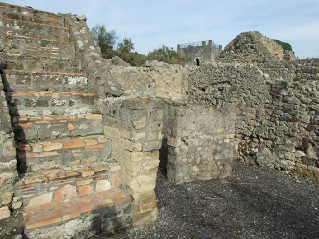 VI.5.3 Pompeii. December 2007. Stairs on the east side of room 12 on the left, and two rooms 17 on the right, near entrance doorway VI.5.22
