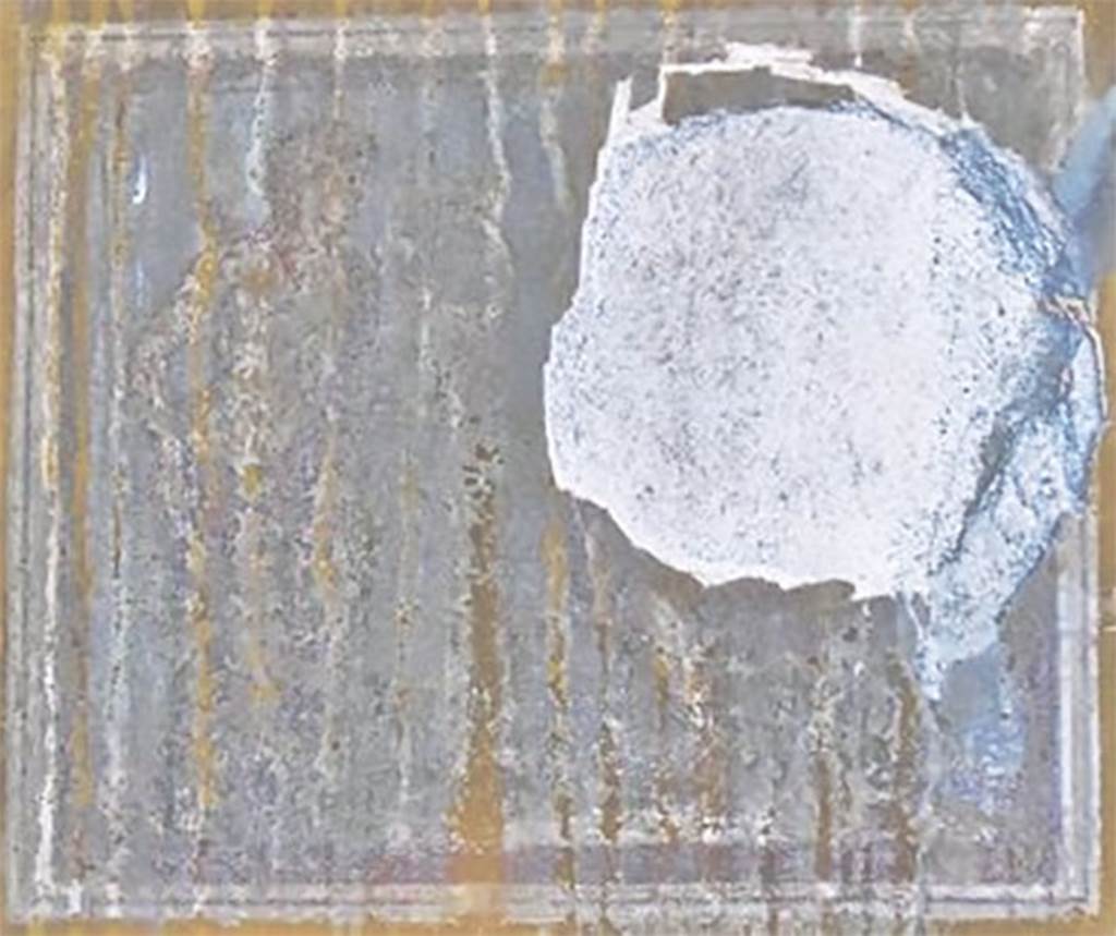 VI.5.3 Pompeii. March 2014. Room 20, painting from west wall showing Apollo & Artemis.
Thieves had chipped off a 20cm-wide section of fresco, the part depicting the goddess Artemis.