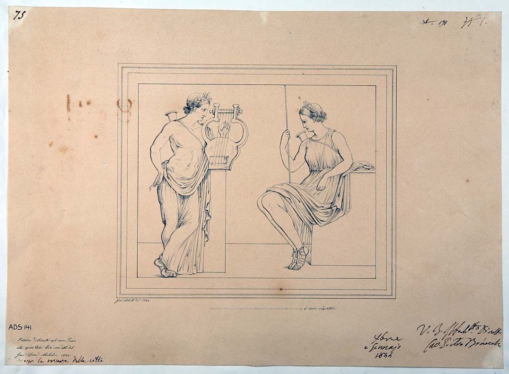 VI.5.3 Pompeii. 1844. Room 20, copy by G. Abbate of painting from west wall showing Apollo & Artemis.
Now in Naples Archaeological Museum. Inventory number ADS 141.
Photo © ICCD. https://www.catalogo.beniculturali.it
Utilizzabili alle condizioni della licenza Attribuzione - Non commerciale - Condividi allo stesso modo 2.5 Italia (CC BY-NC-SA 2.5 IT)