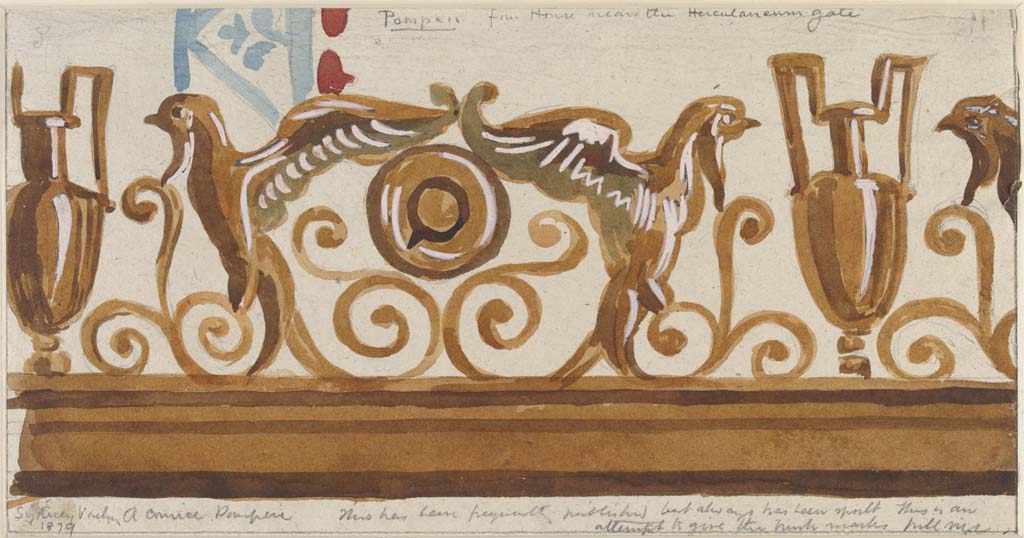 VI.5.3 Pompeii. 1879. Painting by Sydney Vacher, from “House near the Herculaneum Gate”. 
He described this as “A cornice, Pompeii. 
This has been frequently published but always has been spoilt. This is an attempt to give the hawk masks full view.”
Photo © Victoria and Albert Museum, inventory number E.4428-1910.