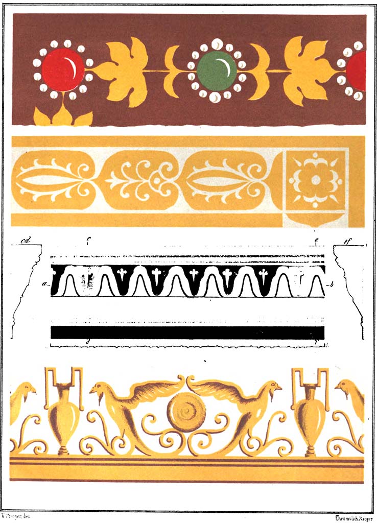 VI.5.3 Pompeii. c.1877. 
Paintings from cornices in the house - the lower one, as seen above and below in Room 20.
The top two decorations surround the brown and yellow compartments of the walls of the atrium.  
See Steeger V., 1877. Le più belle pareti di Pompei. Torino: Loescher. Fasc. II, Tav. VII.