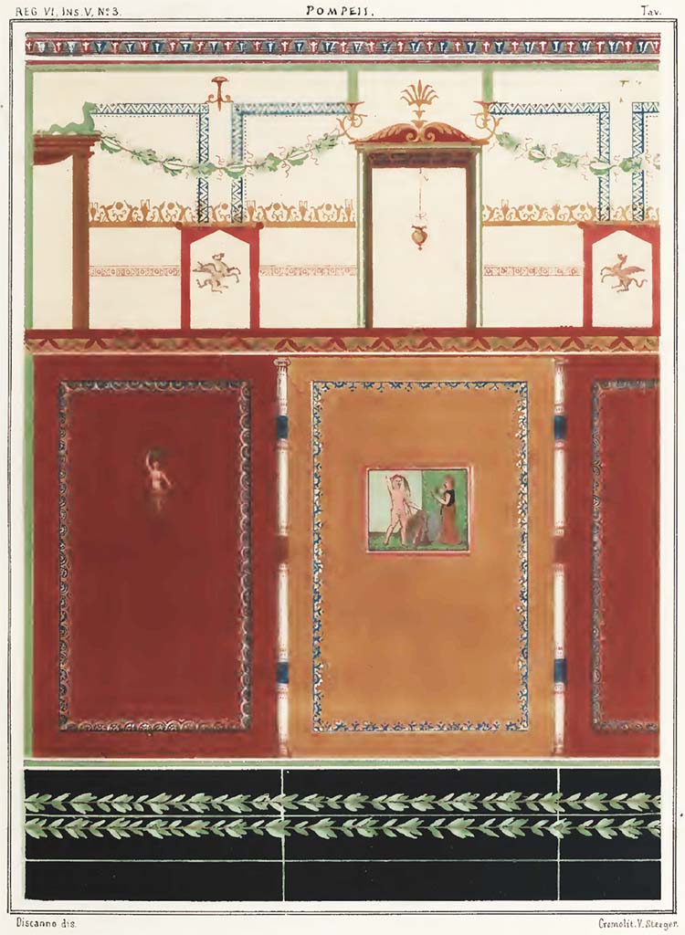 VI.5.3 Pompeii. Painting by Geremia Discanno of part of north wall of cubiculum, room 20.
See Presuhn E., 1878. Les Decorations Murales de Pompei, Weigel, Leipzig, Tav. unnumbered.