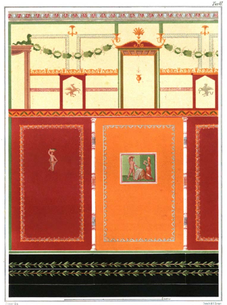VI.5.3 Pompeii. Painting by Vittorio Steeger of part of north wall of cubiculum, room 20.
See Steeger V., 1877. Le più belle pareti di Pompei. Torino: Loescher. Fasc. II, Tav.VI.