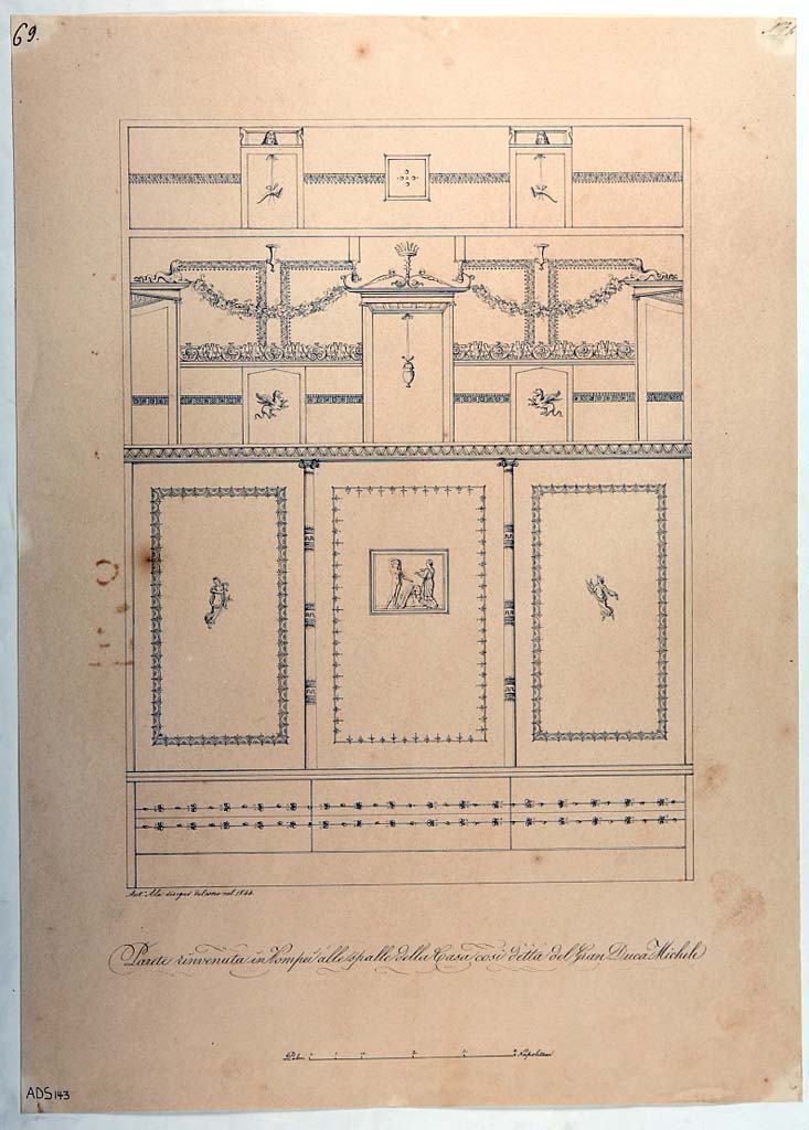 VI.5.3 Pompeii. Room 20. Drawing by Antonio Ala, 1844, of IV Style decorated north wall, with central painting showing Arianna and Theseus. 
Now in Naples Archaeological Museum. Inventory number ADS 143.
Photo © ICCD. http://www.catalogo.beniculturali.it
Utilizzabili alle condizioni della licenza Attribuzione - Non commerciale - Condividi allo stesso modo 2.5 Italia (CC BY-NC-SA 2.5 IT)