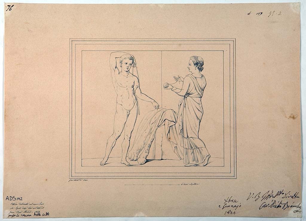 VI.5.3 Pompeii. Room 20. Drawing by Giuseppe Abbate, 1844, of painting of Arianna giving the thread to Theseus, painting now faded and more or less disappeared.
Now in Naples Archaeological Museum. Inventory number ADS 142.
Photo © ICCD. http://www.catalogo.beniculturali.it
Utilizzabili alle condizioni della licenza Attribuzione - Non commerciale - Condividi allo stesso modo 2.5 Italia (CC BY-NC-SA 2.5 IT)
