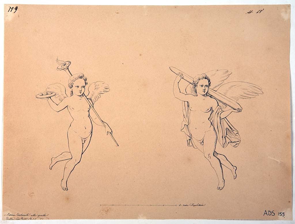 VI.5.3 Pompeii. Drawing by Giuseppe Abbate, of two vignettes of cupids, now disappeared. 
According to the description by Avellino (BAN 1844), it is probable that these two vignettes come (respectively) from Rooms 20 and 1
Now in Naples Archaeological Museum. Inventory number ADS 155.
Photo © ICCD. http://www.catalogo.beniculturali.it
Utilizzabili alle condizioni della licenza Attribuzione - Non commerciale - Condividi allo stesso modo 2.5 Italia (CC BY-NC-SA 2.5 IT)