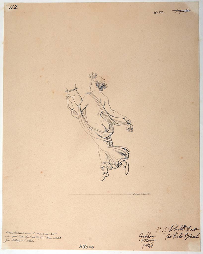 VI.5.3 Pompeii. Drawing by Giuseppe Abbate, 1844, floating figure with lyre, see no. 1933 as described by Helbig. 
Now in Naples Archaeological Museum. Inventory number ADS 145.
Photo © ICCD. http://www.catalogo.beniculturali.it
Utilizzabili alle condizioni della licenza Attribuzione - Non commerciale - Condividi allo stesso modo 2.5 Italia (CC BY-NC-SA 2.5 IT)