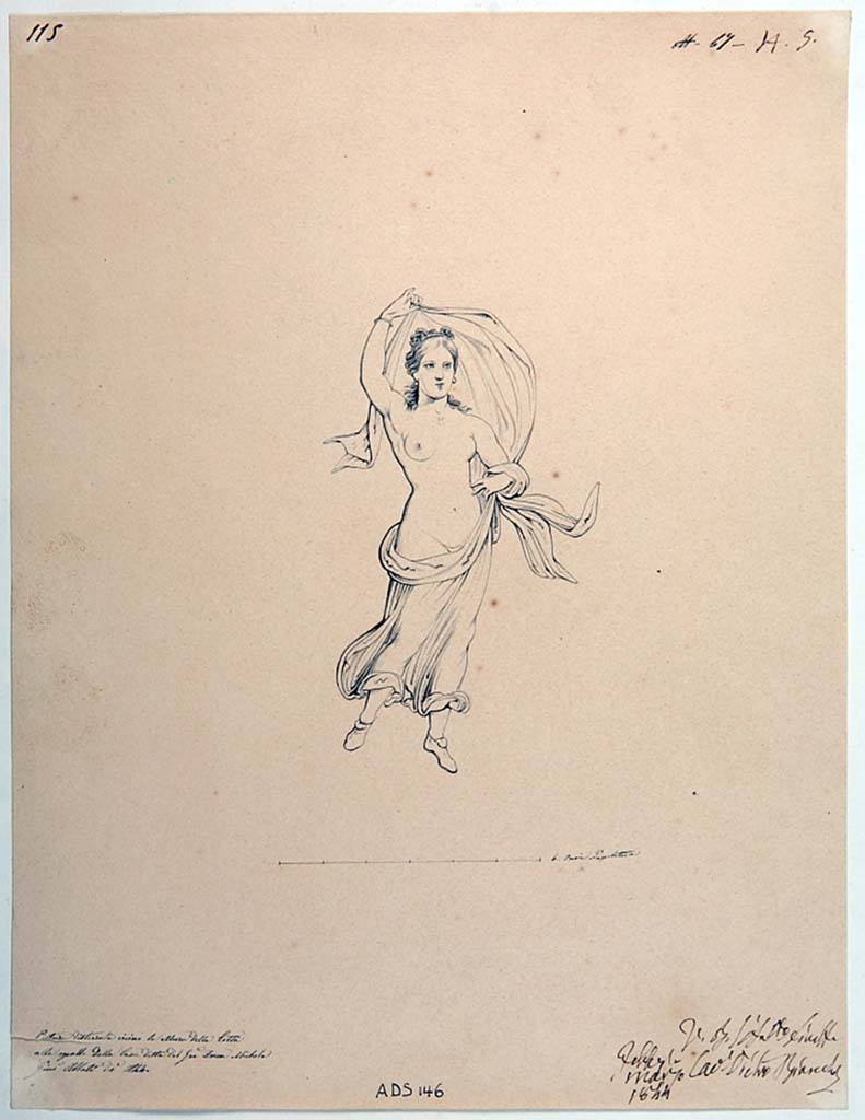 VI.5.3 Pompeii. Drawing by Giuseppe Abbate, 1844, floating female figure, see no. 1903 as described by Helbig. 
Now in Naples Archaeological Museum. Inventory number ADS 146.
Photo © ICCD. http://www.catalogo.beniculturali.it
Utilizzabili alle condizioni della licenza Attribuzione - Non commerciale - Condividi allo stesso modo 2.5 Italia (CC BY-NC-SA 2.5 IT)