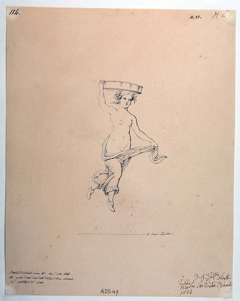 VI.5.3 Pompeii. Drawing by Giuseppe Abbate, 1844, floating female figure, not listed by Helbig, but attributed to this room by Avellino’s description (BAN 1844).
Now in Naples Archaeological Museum. Inventory number ADS 147.
Photo © ICCD. http://www.catalogo.beniculturali.it
Utilizzabili alle condizioni della licenza Attribuzione - Non commerciale - Condividi allo stesso modo 2.5 Italia (CC BY-NC-SA 2.5 IT)