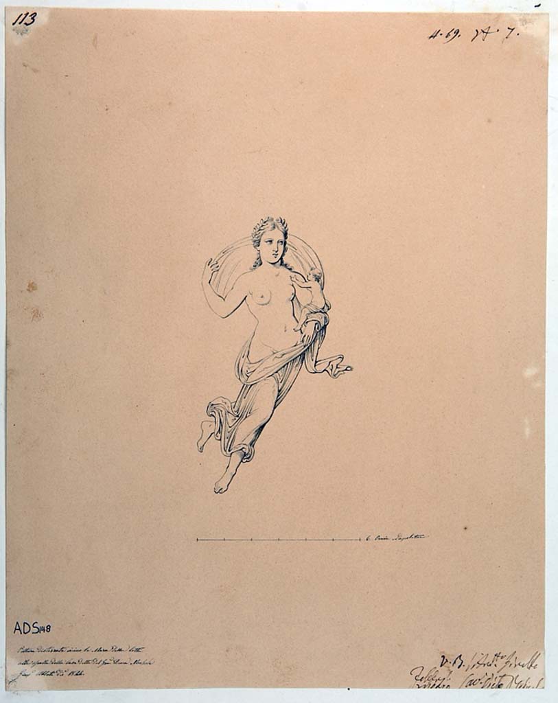 VI..5.3 Pompeii. Drawing by Giuseppe Abbate, 1844, floating female figure with a child in arms, see no.1949 as described by Helbig. 
Now in Naples Archaeological Museum. Inventory number ADS 148.
Photo © ICCD. http://www.catalogo.beniculturali.it
Utilizzabili alle condizioni della licenza Attribuzione - Non commerciale - Condividi allo stesso modo 2.5 Italia (CC BY-NC-SA 2.5 IT)