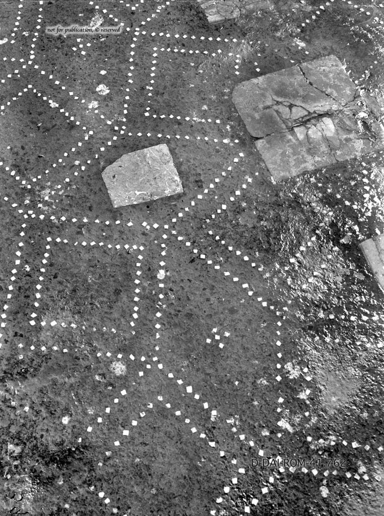 VI.5.3 Pompeii. c.1930. 
Room 20, the flooring shows the coloured marble tiles interrupting the decoration of white tesserae. 
DAIR 41.762. Photo © Deutsches Archäologisches Institut, Abteilung Rom, Arkiv.
See Pernice, E.  1938. Pavimente und Figürliche Mosaiken: Die Hellenistische Kunst in Pompeji, Band VI. Berlin: de Gruyter, (tav. 47,2 above.)