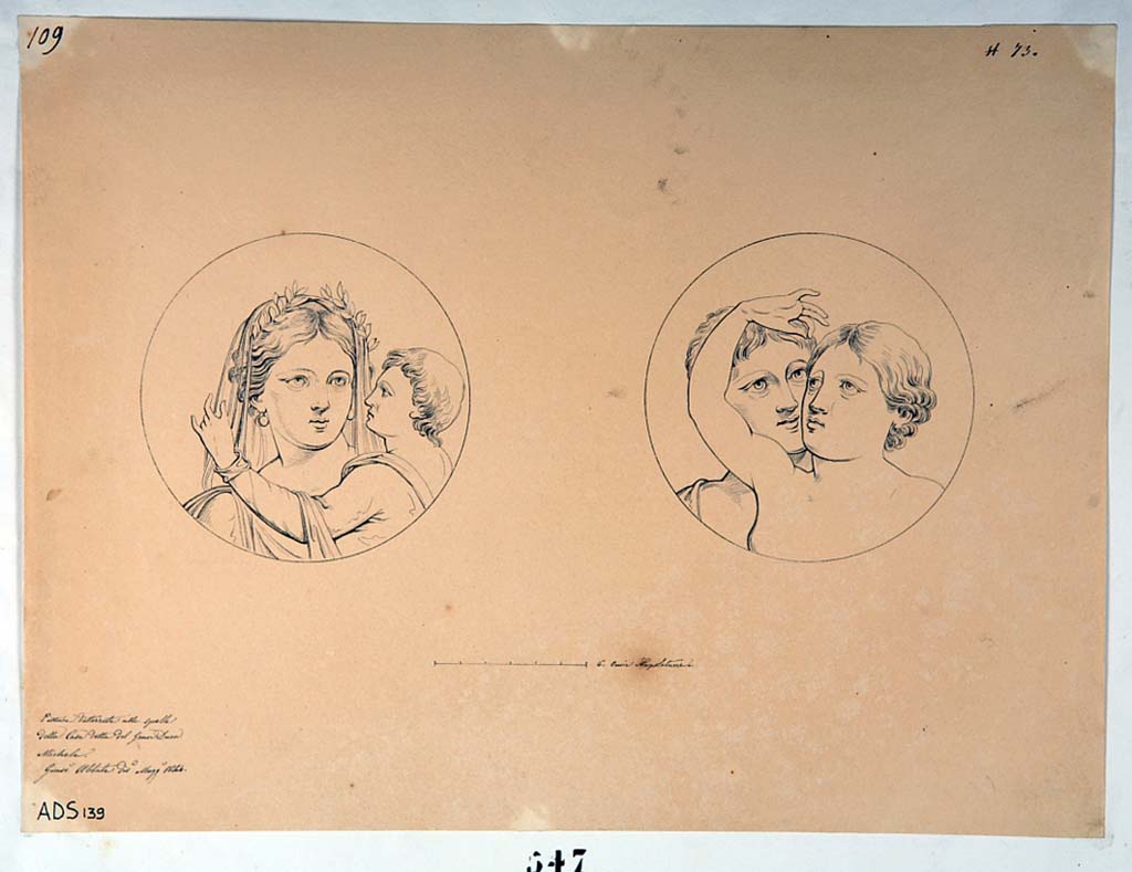 VI.5.3 Pompeii. Drawing by Giuseppe Abbate, 1844, of painted medallions found in the tablinum, showing Aphrodite and cupid, on left. 
On the right is a drawing of a painted medallion showing Maenad and Satyr. 
Now in Naples Archaeological Museum. Inventory number ADS 139.
The paintings have now completely disappeared. 
Photo © ICCD. http://www.catalogo.beniculturali.it
Utilizzabili alle condizioni della licenza Attribuzione - Non commerciale - Condividi allo stesso modo 2.5 Italia (CC BY-NC-SA 2.5 IT)