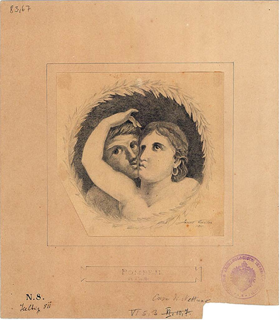 VI.5.3 Pompeii. Tablinum. 1875 drawing by Ernst Eichler of medallion of satyr kissing a maenad.
DAIR 83.67. Photo © Deutsches Archäologisches Institut, Abteilung Rom, Arkiv. 
See http://arachne.uni-koeln.de/books/archive/A-VII-32/064