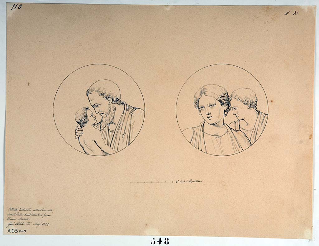 VI.5.3 Pompeii. Drawing by Giuseppe Abbate, 1844, of painted medallions.
These medallions may or may not belong to the tablinum but are attributed to this room on the basis of the descriptions at the time of excavation.
Now in Naples Archaeological Museum. Inventory number ADS 140.
These paintings have now completely disappeared. 
Photo © ICCD. http://www.catalogo.beniculturali.it
Utilizzabili alle condizioni della licenza Attribuzione - Non commerciale - Condividi allo stesso modo 2.5 Italia (CC BY-NC-SA 2.5 IT)