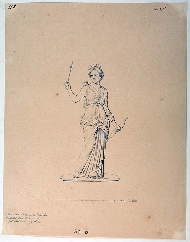 VI.5.3 Pompeii. Drawing by Giuseppe Abbate, 1844, of painted panel showing Artemis, found in room 1, now disappeared. 
Now in Naples Archaeological Museum. Inventory number ADS 151.
Photo © ICCD. http://www.catalogo.beniculturali.it
Utilizzabili alle condizioni della licenza Attribuzione - Non commerciale - Condividi allo stesso modo 2.5 Italia (CC BY-NC-SA 2.5 IT)